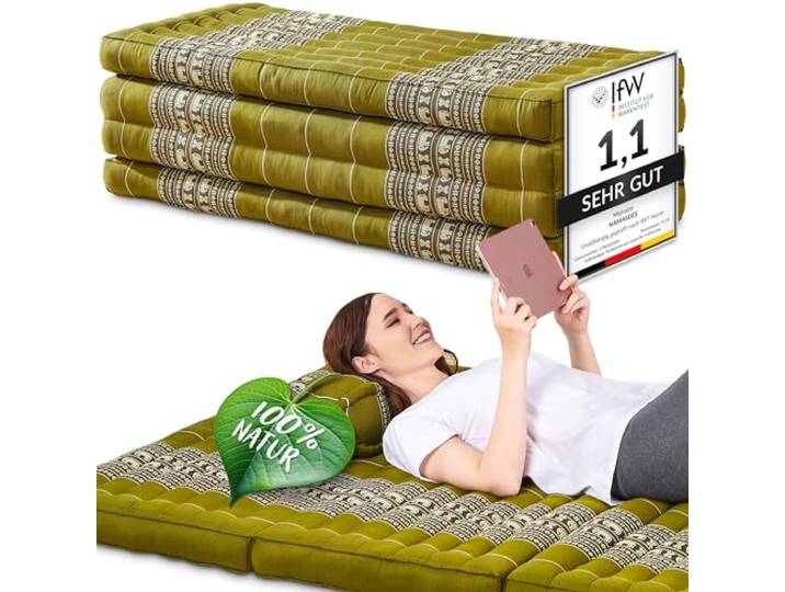Namasdee Klappmatratze 200x110x8cm mit 100% natürlicher Kapokfüllung (Grün/Elefanten)