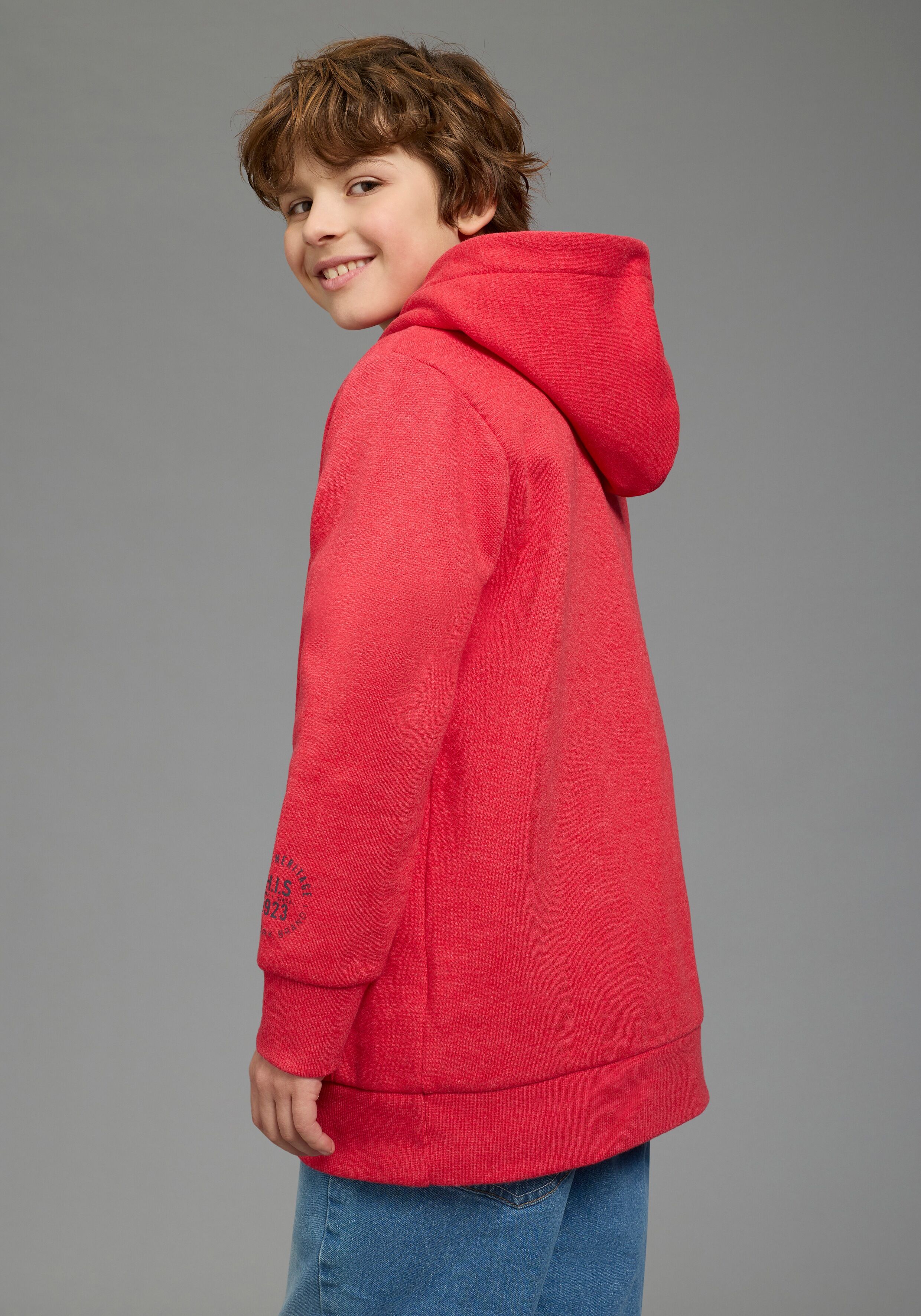 Kapuzensweatshirt H.I.S "Kapuzenhoodie mit Logoprint für Jungen", Jungen, Gr. 140/146, rot (rot meliert), angeraute Sweatware, Obermaterial: 60% Baumwolle, 40% Polyester, bedruckt, Basic, angesetztes Bündchen, Sweatshirts Kapuzensweatshirt, für Jungen, mi