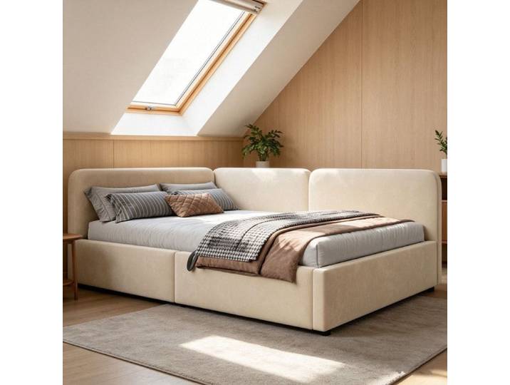 Bladez - Lit coffre 140x200 cm - Lit enfant avec tête de lit capitonnée - Lit double - Beige