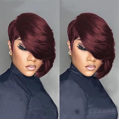 Pixie-Cut-Perücken für schwarze Frauen, Modelllänge, schicke, elegante, kurz gestufte Pixie-Haarschnitt-Perücken mit Pony, Kunsthaarperücke