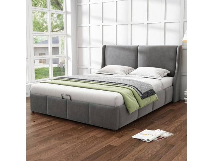 Lit double capitonné 180x200 cm gris – tête oreiller et coffre hydraulique