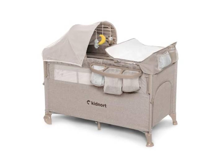 kidnort Stugan Premium Beistellbett Reisebett Baby mit Matratze faltbares Kinderbett Babybett 2in1 mit Rollen Tragetasche Seiteneinstieg Netzseiten und Verstellbarer Höhe Beige