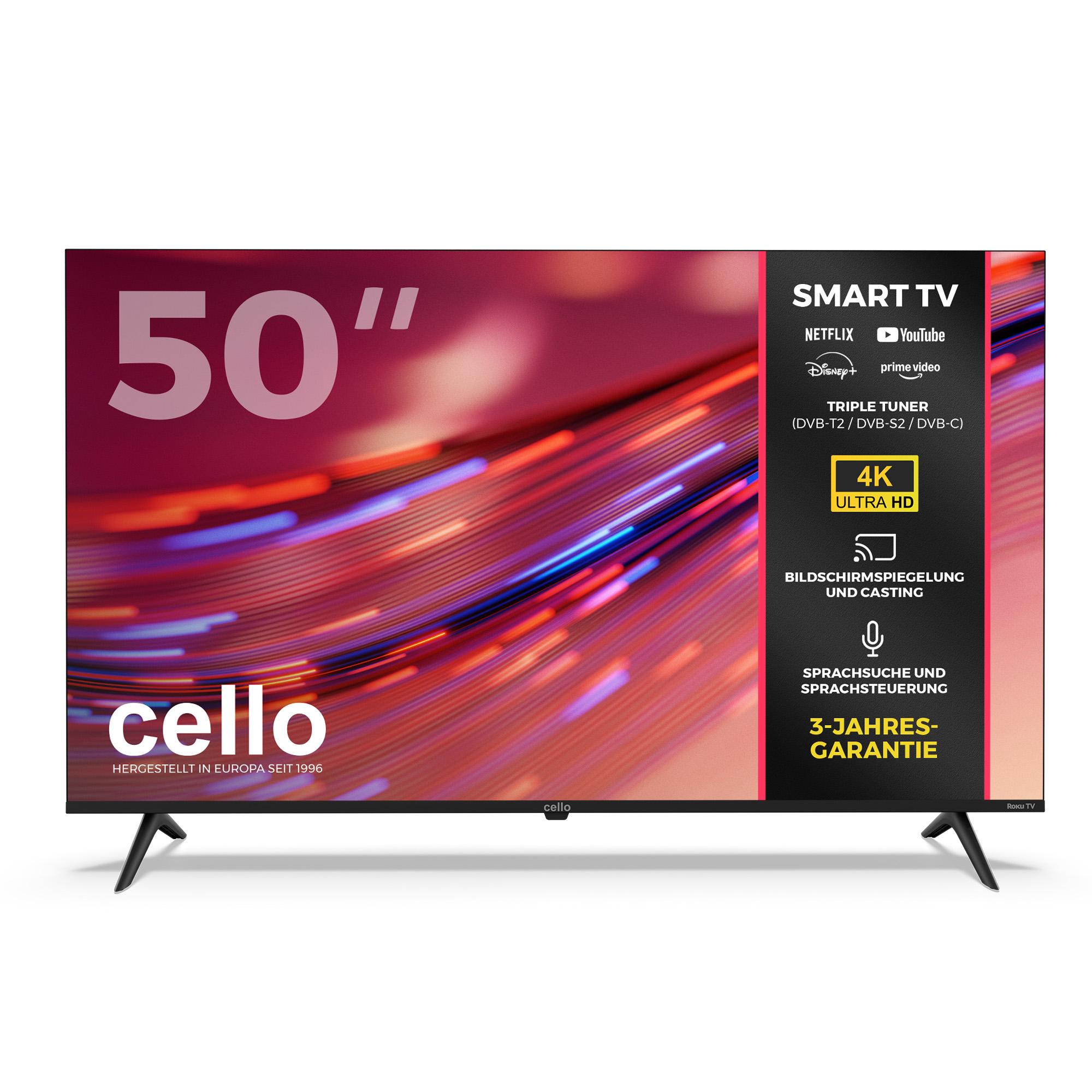 Cello 50 Zoll 4K UHD (3840 × 2160) ROKU Smart LED TV mit Triple-Tuner, Sprachfernbedienung, WLAN, Bluetooth, (Apps: Netflix, Apple TV+, Disney+, RTL+)