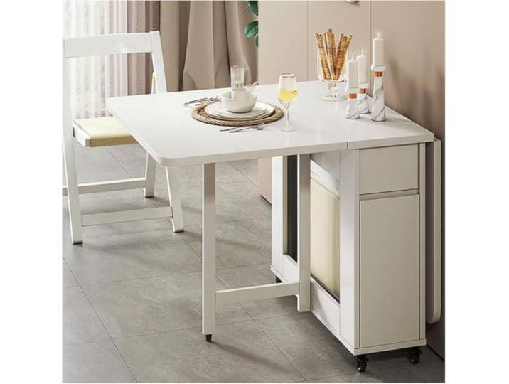 JBKNAN Platzsparender Klappbarer Küchen‑Esstisch Mit 4 Klappbaren Stühlen, Mobiler Weißer Küchentisch Mit Stauraumschrank Für Wohnzimmer,Mietwohnungen,Kaffee