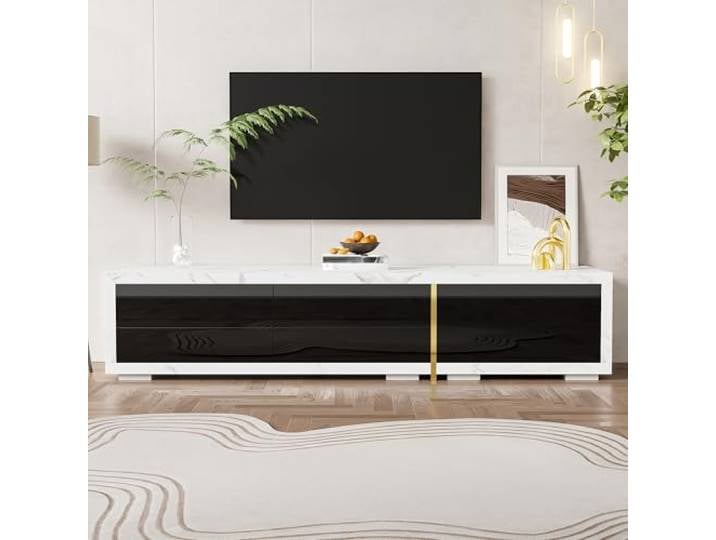 Ropilly tv Schrank ausziehbar 140-260 cm, schwarz Hochglanz, marmoroptik. Marmoroptik TV‑Board mit schwarzem Hochglanz‑Finish, großer Stauraum für 50–59 Zoll Fernseher.