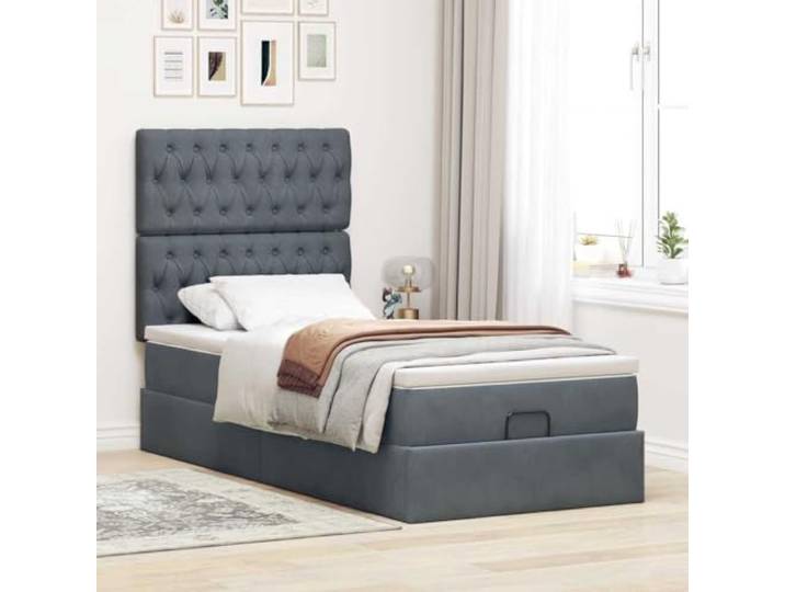 KTHLBRH Bett Pouf Samt Dunkelgrau 100 x 200 cm Mit Taschenfederkernmatratze, Stauraum, Kopfteil im Lieferumfang enthalten