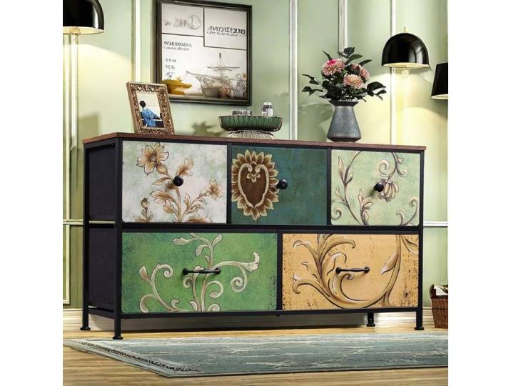 Commode 5 Tiroirs - Commode Chambre - Meuble de Rangement - Bohème Meuble Tiroir - Tiroirs avec Manche et Pieds - Multicolore