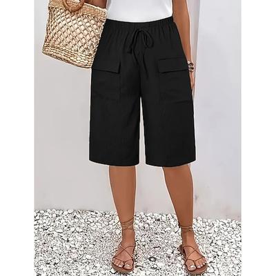 Damen Shorts Sommershorts Bermudashorts Strandshorts Urlaub Mode Lässig Knielang Hohe Taille Einfach Kordelzug Tasche Komfort Weich Atmungsaktiv Mikroelastisch Strand Reise Ferien Schwarz Orange Grün