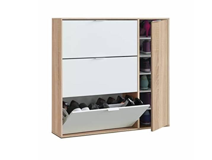 Habitdesign Modèle Class Meuble à chaussures 4 portes\, finition chêne canadien et Blanc « Artik »\, dimensions : 106 x 115 x 22 cm (l x H x P).
