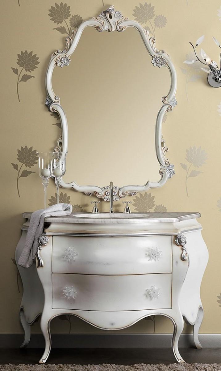 Casa Padrino Luxus Barock Badezimmer Set Weiß / Silber - 1 Barock Waschtisch & 1 Barock Wandspiegel - Luxus Badezimmer Möbel im Barockstil - Barock Möbel - Luxus Qualität - Italy