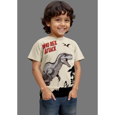 T-Shirt KIDSWORLD "Druck: DINO REX ATTACK", Jungen, Gr. 104/110, beige, Single Jersey, Obermaterial: 100% Baumwolle, bedruckt, Basic, Rundhals, Shirts T-Shirt, mit großem Saum-Druck