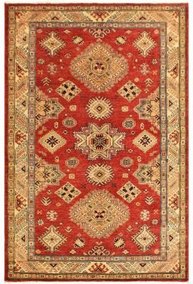 Treasured Knots Tribal Super Kazak Amaris Red/Tan Hand Knotted Wool Rug - 4'1'' x 6'3''