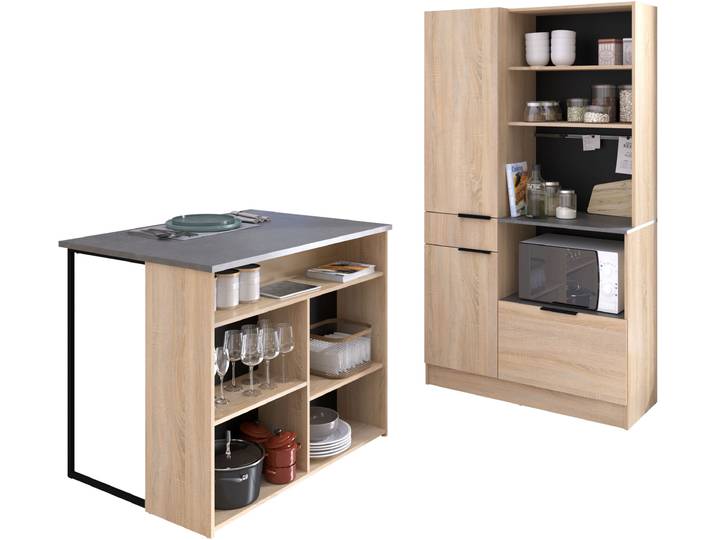 Schrank-Set PARISOT Fumay, Individuell stellbar , grau (eiche nachbildung, beton optik), Kastenmöbel-Sets, Schrank-Set, viel Stauraum, Kabeldurchlass, Kücheninsel