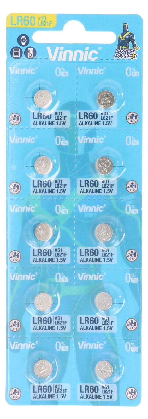 Vinnic Alkaline miniatuur knoopcelbatterijen G1 AG1 L621 LR60, 10 stuks