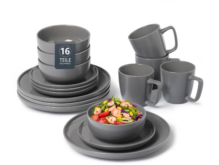 Geschirr-Set GOODPRODUCT TOMMIK, aussen matt, innen glänzend, Steinzeug, 16 Teile für 4 Personen , grau (dary grau), 16 Stk., Steinzeug, Geschirr-Sets, Geschirr-Set, spülmaschinenfest und mikrowellengeeignet