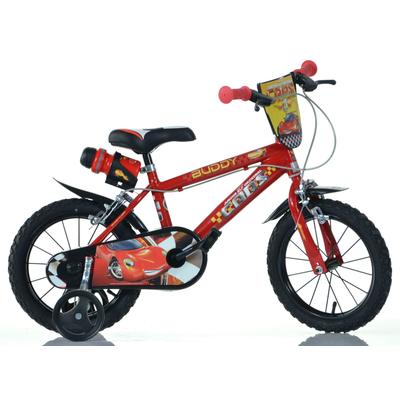Kinderfahrrad DINO BIKES "14" Cars Kinderfahrrad Jungenfahrrad stabiler Stahl-Rahmen Stützräder" Gr. 25, rot, Fahrräder, Kinder, 25cm, 14 Zoll (35,56cm), mit Stützrädern, Trinkflasche und Frontschild
