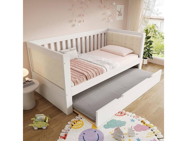 MODFU Kinderbett 90x190 Einzelbett mit einem ausziehbaren Bett Holz Lattenrost Ideal für kleine Wohnungen ohne Matratze Weiß