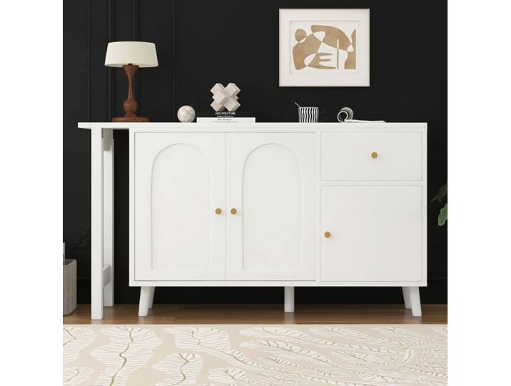 Bureau 2-en-1 pivotant 360° avec 3 Portes et 1 Tiroir - MODENVIE - Buffet Intégré pour Bureau Chambre Blanc