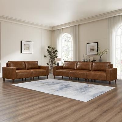 Loedds Brown Faux Leather Sofa Set with Wood Legs & Wood Frame & Square Arms