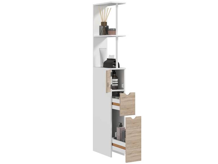ComfortXL Hochschrank De-12500 15/33/137 cm mit 2 Türen Weiß, Naturfarben, 15x136.8x33 cm, Badezimmer, Badmöbel, Hochschränke
