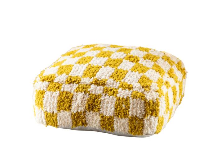 Housse de pouf damier en laine jaune moutarde 10 x 56