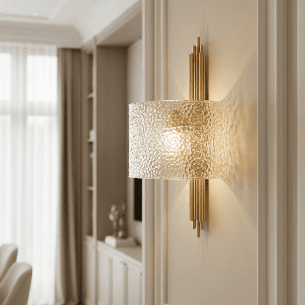 Elsinore Brushed Brass Wall Light with Textured Glass