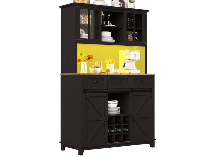 Vitrine Moderne Buffet Cuisine Noire 105x38.4x180 cm avec Étagères Réglables et Éclairage LED Intégré