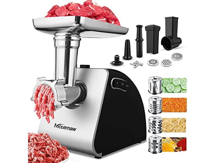 5 in 1 Elektrischer Fleischwolf 2000W mit Reibe, Edelstahl Hackfleischmaschine 3 Lochscheiben, 4 Raspeln, Wurstfüller und Gebäckaufsatz. Perfekt für die Haushaltsküche
