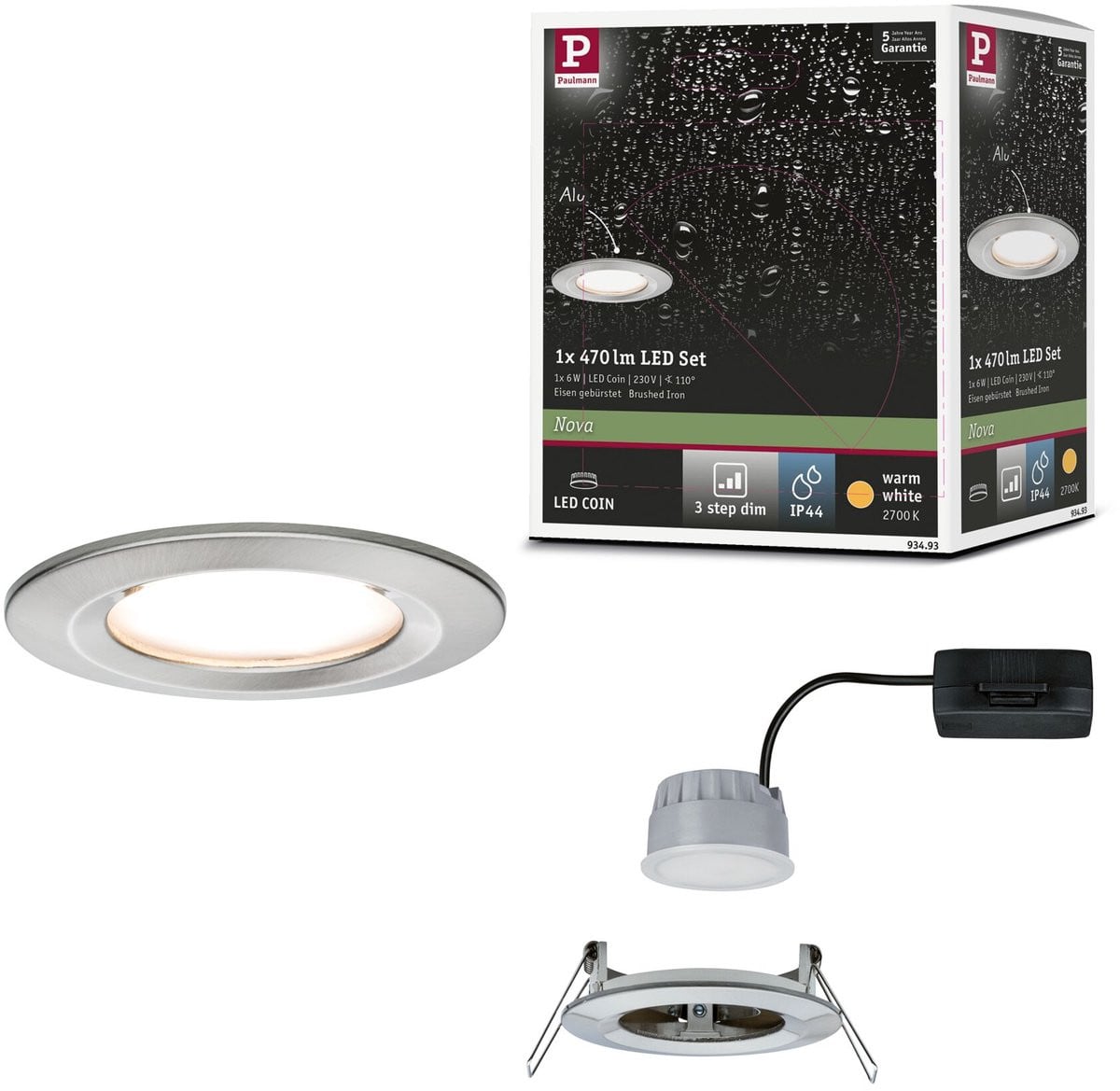 Paulmann Nova Coin LED-inbouwlamp, rond, staal geborsteld, 6W, 470lm, 2700K, dimbaar, IP44