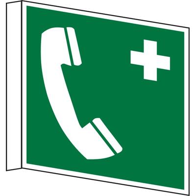 Rettungszeichen, Fahnen-/Nasenschild Notruftelefon E004 - ASR A1.3 (DIN EN ISO 7010) - 200x200x1 mm Kunststoff nachleuchtend