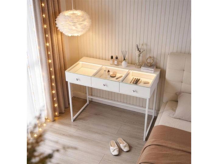 FENCHILIN Coiffeuse LED Éclairage 3 Tiroirs Blanc 115 x 81 x 55 cm