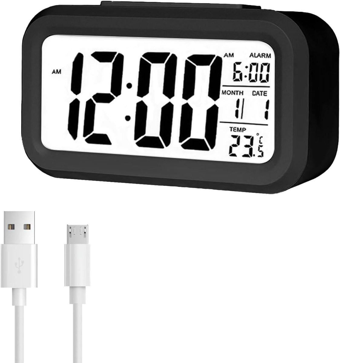 Digitale LED wekker met temperatuur en helderheidssensor, intelligent alarm met snooze-functie, oplaadbaar, zwart