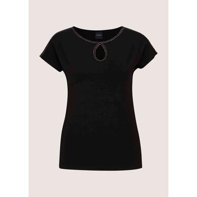 Kurzarmshirt MADELEINE "Shirt Cut-out-Shirt mit Schmuckband", Damen, Gr. 34, schwarz (schwarz, gold), Modern, tailliert, Rundhals, Shirts