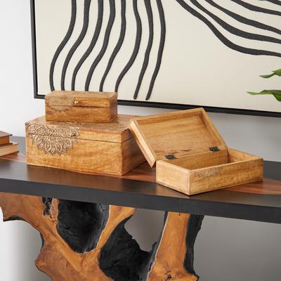 ARCILLA ELEMENTAL Brown Mango Wood Handmade Storage Scroll Box with Gold Accents (Set of 3)