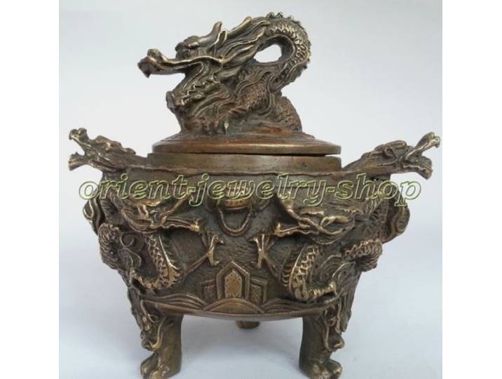 Statue de dragon en cuivre ancien décorée de style tibétain, brûleur d'encens / encensoir