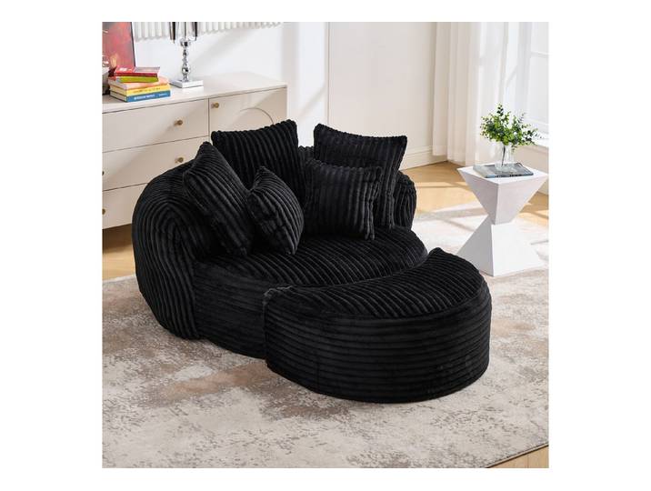 Celya Sofa Großes, runder Sitzbrett, Innenraum-Lesebank, Sofabett mit Fußstuhl, mit fünf Kissen, großformatiger, weicher Stoff- und Kordelstoff-Sitzlehne
