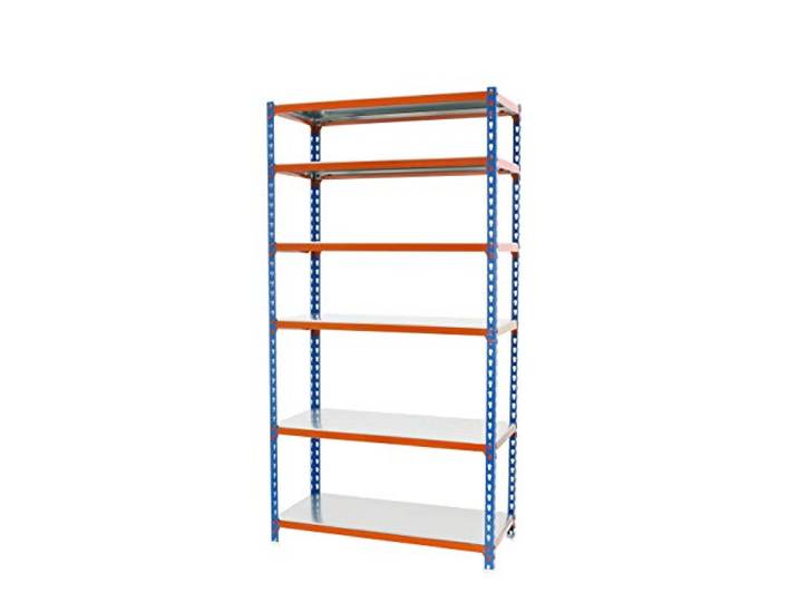 Simon Rack Metallregal 2500x1100x500 mm - Simonclick 6 Höhen, Metallablage, Biegepunkt 200 kg, Korrosionsschutzlackierung, Klicksystem-Montage, Blau/Orange/Verzinkt