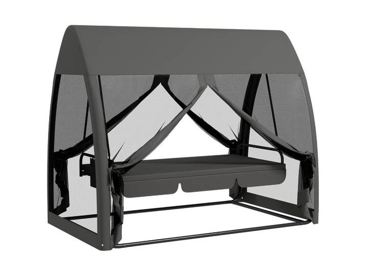 ComfortXL 3-Sitzer-Terrassen-Schaukel De-06954 mit Bettfunktion und Mückennetz, Stahlrahmen Grau, Metall, 140x197x240 cm, Gartenmöbel, Gartenschaukeln, Hollywoodschaukeln