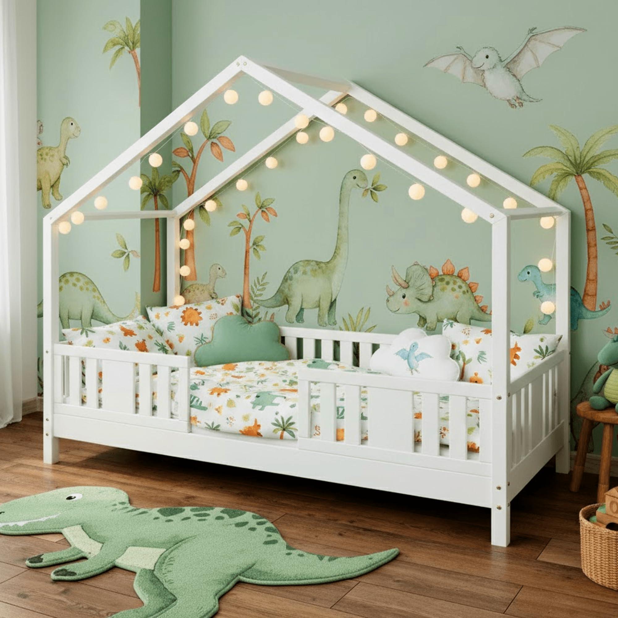 MEBLE WRÓBEL Kinderbett 80x160 cm - Bett mit Rausfallschutz & Lattenrost - Hausbett aus Kiefer Weiß - Kleinkindbett für Jungen & Mädchen - Standhöhe 10 cm