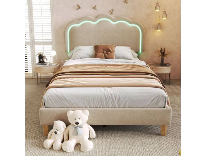 Lit rembourré LED - TRUXEN8 - 90x200 cm - Tête de lit réglable - Beige - Lin