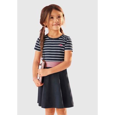 Jerseykleid KANGAROOS "für kleine Mädchen", Mädchen, Gr. 92/98, N-Gr, blau (marine, gestreift), Jersey, Obermaterial: 95% Baumwolle, 5% Elasthan, geringelt, mehrfarbig, ausgestellt kniefrei, Rundhals, abgesteppte Kante, Kleider Ringelkleid,...