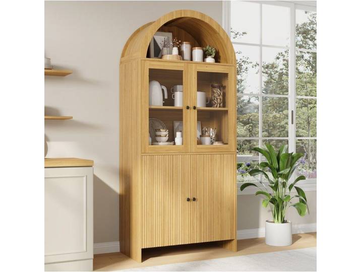 WUVRIE Buffet haut vitrine 78 x 40 x 176 cm 4 portes vitrées et fermées décor bois naturel