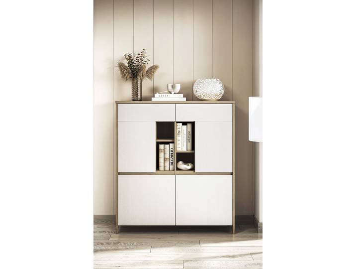 Highboard HOME AFFAIRE Stranda, moderner Schrank, Stauraumelement im Scandic-Style , weiss (weiß skandi), B:111cm H:125cm T:39cm, Sideboards, Highboard, elegante Rahmenoptik, ausreichend Stauraum, vielseitig einsetzbar