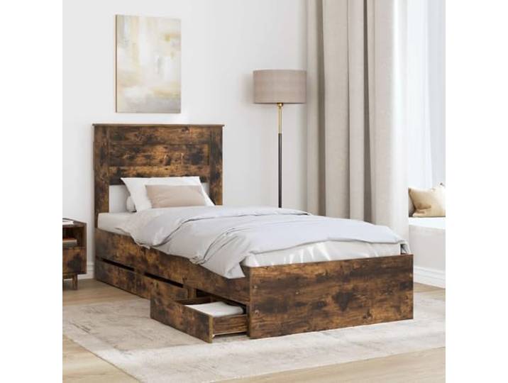 SKTQYQO Einzelbett mit Schublade Eiche Smoke 75 x 190 cm Technisches Holz, 6 versteckte Schubladen, selbsttragendes Design, einfache Montage