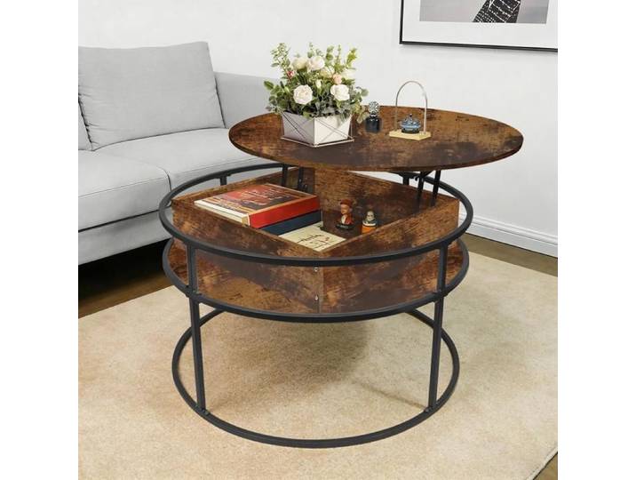 MIPAN.60x60X47cm Table Basse - Design Industriel - Table Basse Ronde Salon - Avec Rangement Caché - Marron