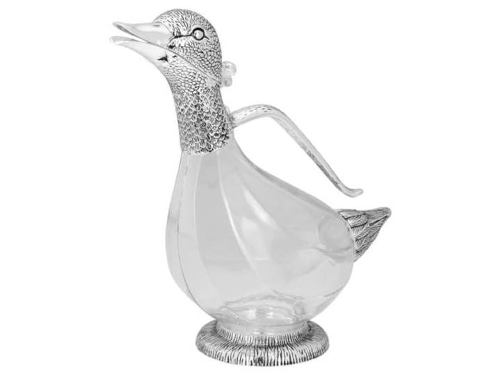 Hochwertiger Wein-Dekanter 1 Liter Glas mit versilbertem Griff & Ausgießer Edle Design Wein-Karaffe aus Glas - Dekantier in Enten-Form für Weinliebhaber, Hausbar, Festtafel, Gastronomie & Hotellerie