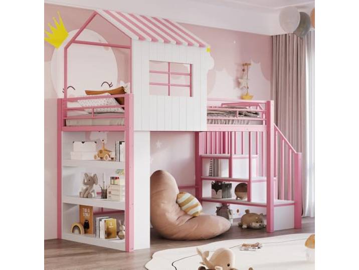 I0I&I0I Eisenhochbett Hausdesign mit Schutzgitter – Treppe, Stauraumregal und sicherer Schlafplatz (Pink + MDF+Metal)