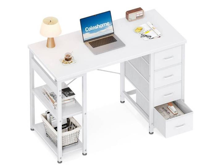 Petit Bureau 100x40cm avec 4 Tiroirs et Étagère Blanc Blanc Blanc BUREAU
