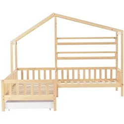 Merax Massivholz L-Struktur Hausbett für Erwachsene 90x200cm+70x140cm, Holzfarbe
