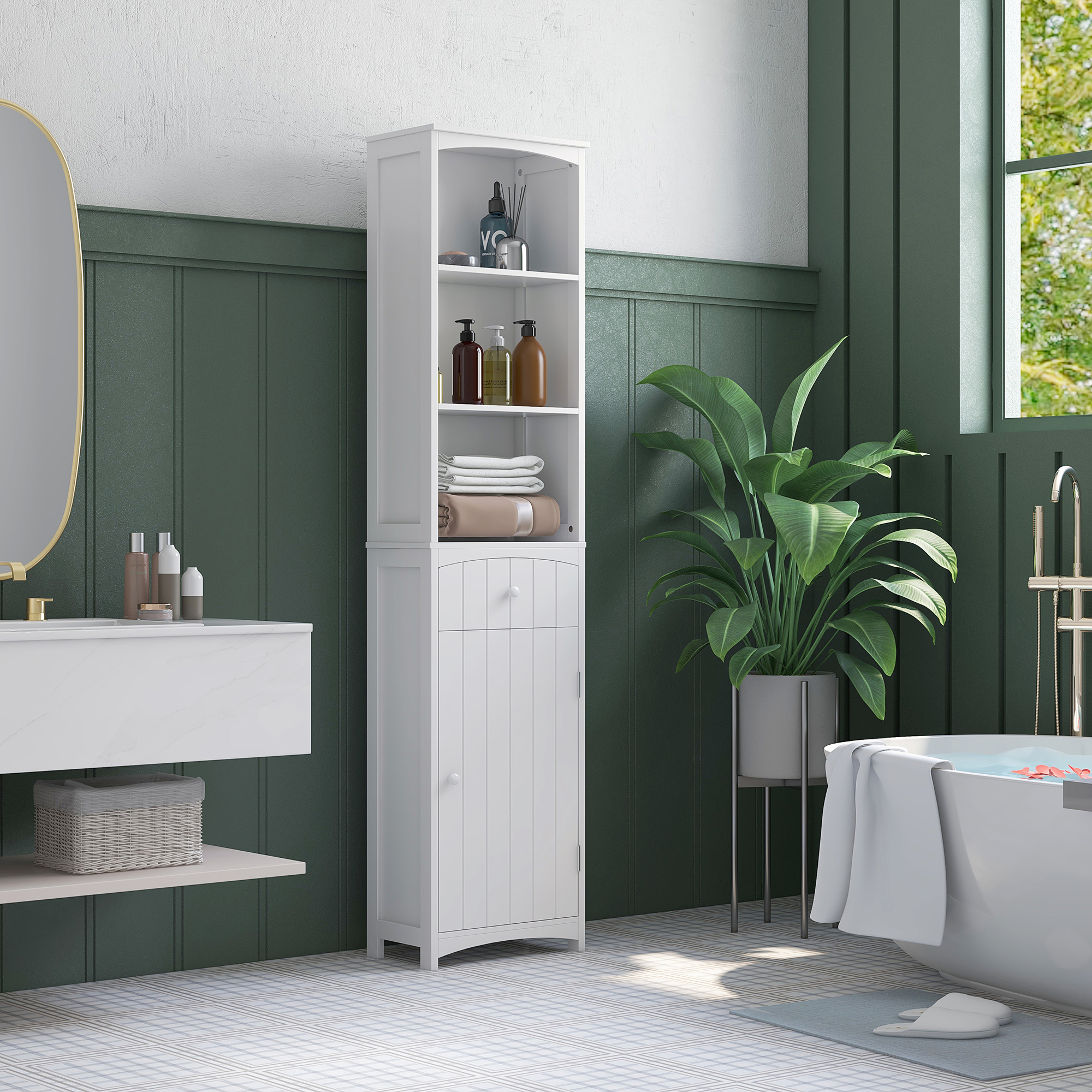 Homcom Mobiletto a Colonna MDF Bianco, Armadietto Multifunzione Salvaspazio per Bagno/Camera con 3 Ripiani 34x24x170cm Aosom